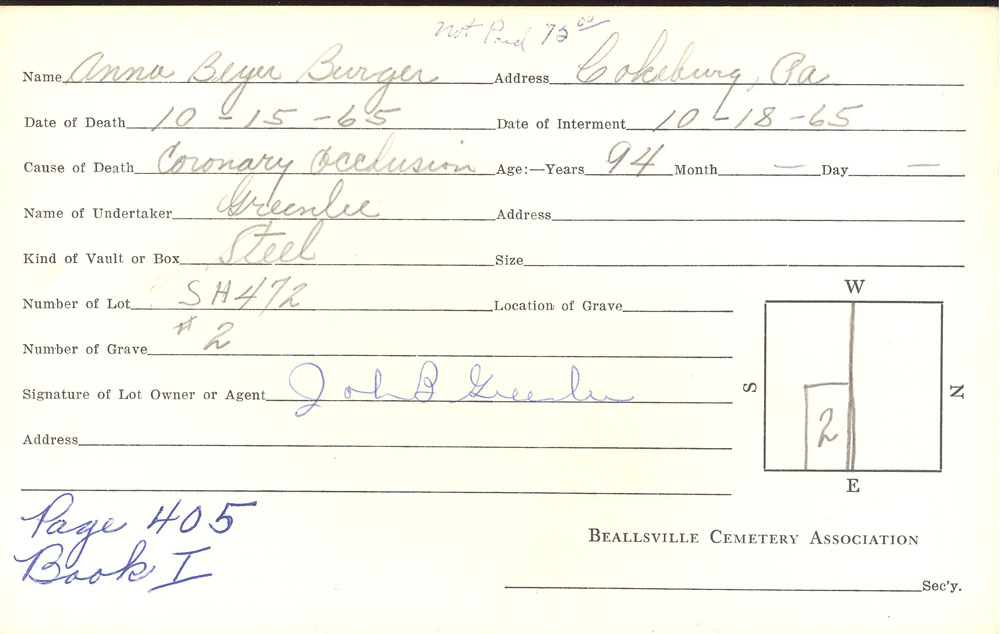 Anna Burger burial card